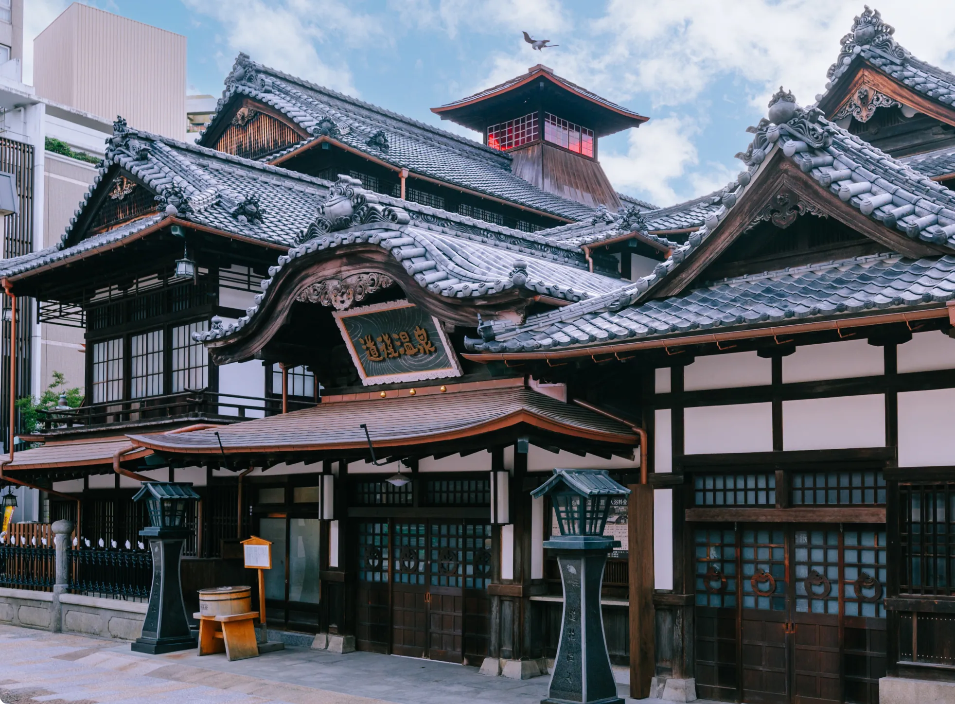 青空の下、石垣の上に建つ松山城を望む風景（桜が咲く時期）。